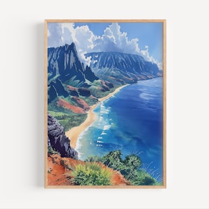 Na Pali Coast Kauai Aquarell Malerei, Hawaiianische Insel Wand Kunst Poster oder Leinwand Druck, Hawaii Küstenlandschaft Reisemalerei Geschenk