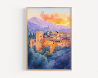 Granada Watercolor Painting, Granada Spain Travel Poster or Canvas Print, Granada Wall Art Gift, Granada Alhambra Palace Sunset Poster Print