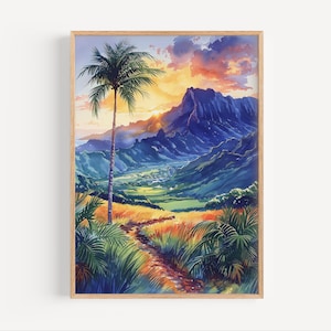 Koʻolau Mountain Range Hawaii Sunset Watercolor Painting, Oahu Hawaii Wall Art Poster or Canvas Print, Hawaiian Lush Mountains Travel Gift