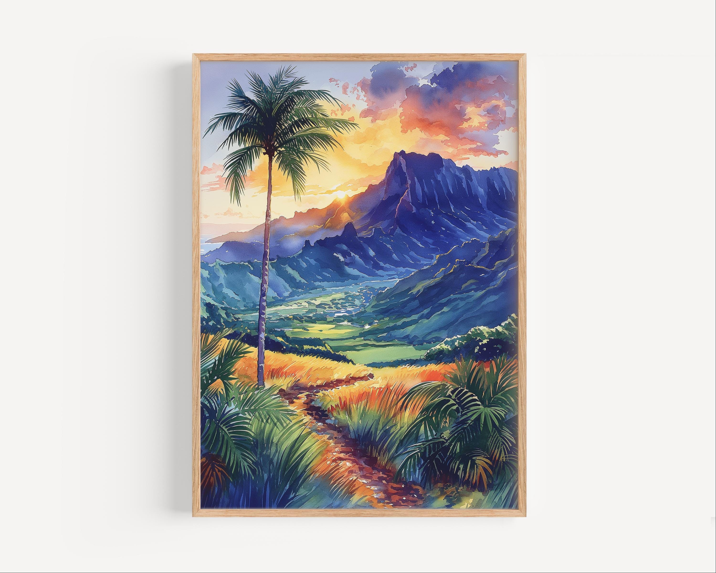 Koʻolau Mountain Range Hawaii Sunset Watercolor Painting, Oahu