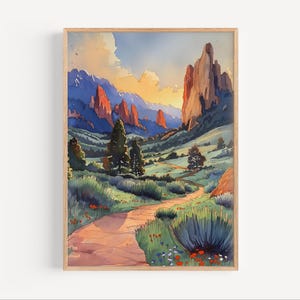 Garden of the Gods Sunset Watercolor Painting, Garden of the Gods Travel Poster or Canvas Print, Colorado Garden of the Gods Park Wall Art