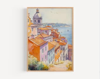 Alfama Watercolor Painting, Alfama Portugal Poster or Canvas Print, Alfama Wall Art Gift, Portuguese Travel Art, Alfama Lisbon Wall Art Gift