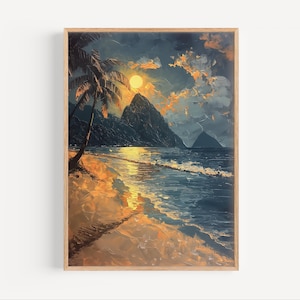 May include: A framed art print of a tropical beach scene at sunset. The artwork features a vibrant palette of blues, oranges, and yellows, with palm trees, mountains, and ocean waves. The sun is a bright yellow orb in the sky.