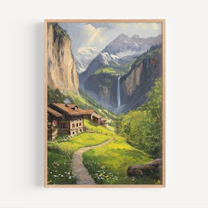 Lauterbrunnen Switzerland Abstract Oil Painting, Europe Travel Poster Print or Canvas Swiss Countryside Wall Art Gift Swiss Alpine Souvenir