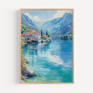 Lake Iseo Italy Watercolor Painting Italian Countryside Europe Lakeside Travel Poster Print or Canvas Italy Mountain Historic Wall Art Gift