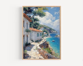 May include: A framed art print of a coastal scene. White buildings with red tile roofs line a stone path along the turquoise sea. Lush green trees and a bright blue sky with fluffy clouds complete the landscape.