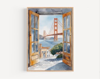 Pintura de acuarela del puente Golden Gate a través de la puerta de San Francisco, póster de viaje de San Francisco o impresión en lienzo, regalo de arte de pared de California