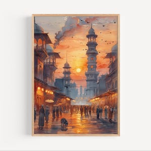 Pintura de acuarela del atardecer en la Ciudad Vieja de Lahore, póster o lienzo de la Ciudad Amurallada de Lahore, regalo de arte mural de viaje, impresión de Lahore, Pakistán, arte asiático
