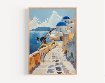Peinture à l'aquarelle de Santorin en Grèce, impression d'affiche d'art de l'architecture de l'île grecque ou oeuvre d'art sur toile aquarelle Destination de voyage art déco