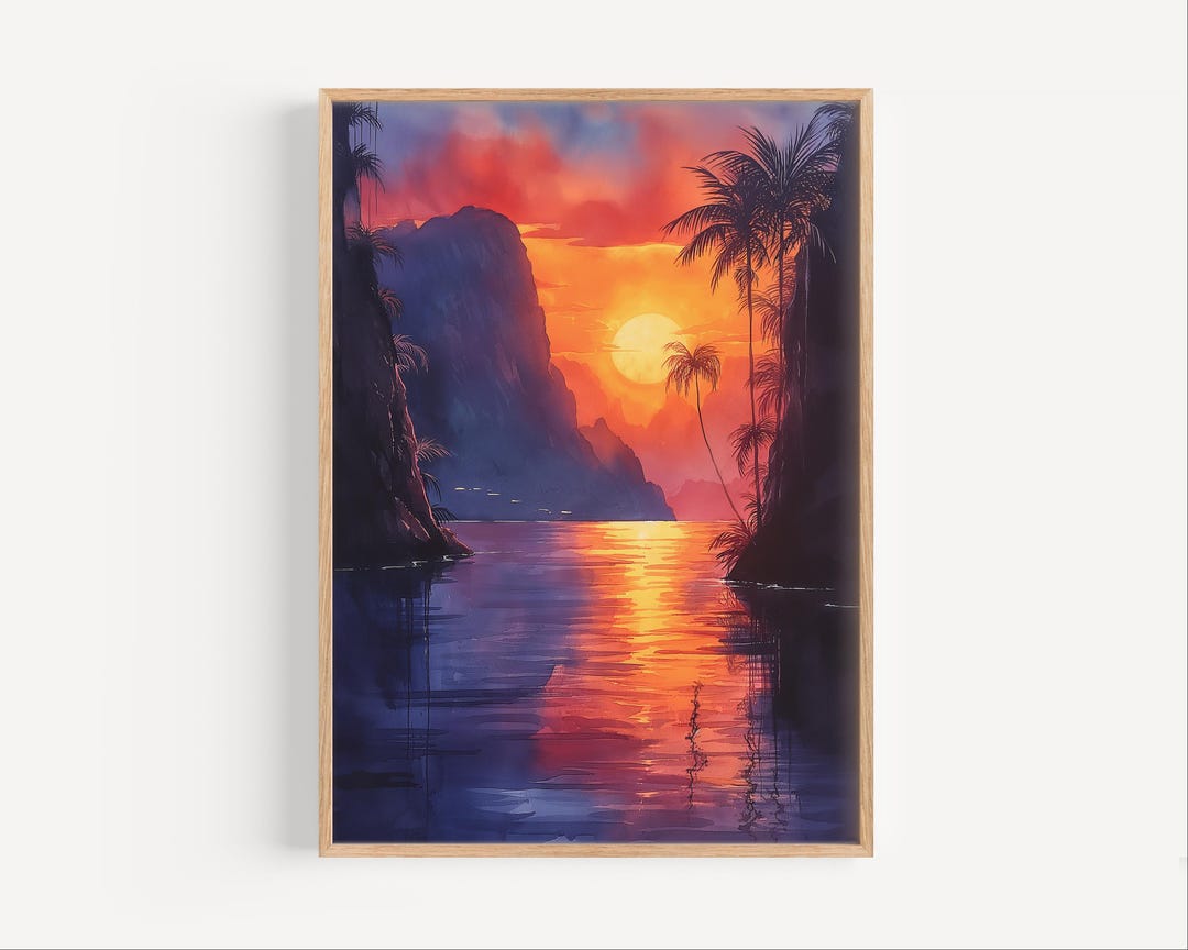 セントルシアビーチの夕日の水彩画、カリブ海の島の旅行ポスター