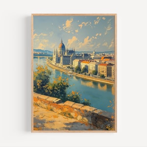Budapest Hungary Danube River Oil Painting Travel Poster or Canvas Giclée Print Wall Art Gift Retro Cityscape Wall Decor Oil Paint Style