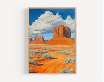 Pintura de acuarela de Monument Valley, póster de viaje o impresión en lienzo de Monument Valley, Arizona, regalo de arte mural de Monument Valley Park, desierto de Utah