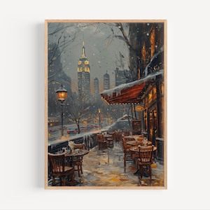 Café en la ciudad de Nueva York en invierno, pintura al óleo, arte de pared callejero de la ciudad de Nueva York, póster impreso o lienzo, Empire State Building, regalo artístico de la temporada navideña