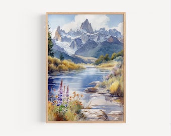 Torres del Painte Chile Aquarell Malerei Patagonien Berge Alpine Wand Kunst Poster oder Leinwand Ölfarbe Stil Südamerika Reise
