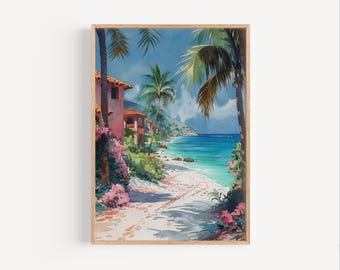 Pintura de acuarela de villas frente al mar en Punta Cana, póster de viaje al Caribe de República Dominicana, impresión o lienzo, arte de pared, regalo, recuerdo DOMR