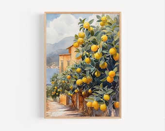 Lemon Trees in Sicily Watercolor Painting Mediterranean Island Lemon Tree Painting Travel Poster or Canvas Giclée Print Italy Wall Art Gift