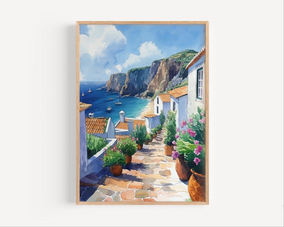 Algarves Portugal Watercolor Painting, Algarve Coastline Travel Poster Print or Canvas Artwork Wall Art Gift, Faro District Portuguese Gift