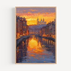 May include: A painting depicting a cityscape at sunset, with a river running through the centre. The buildings are lit by the warm glow of the setting sun, and the water reflects the light. A bridge crosses the river in the distance, and a church with two towers stands on a hill in the background.