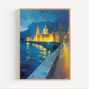Olieverfschilderij van Palermo, poster of canvasprint van Palermo Sicilië, Palermo Nighttime muurkunstcadeau, reisprint Palermo Italië, olieverfstijl