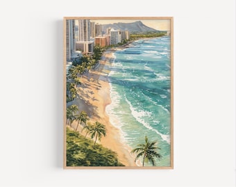 ワイキキビーチの水彩画：ホノルル・ハワイ・アート、ダイヤモンド