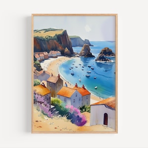 Cornwall Coastal Cliffs Watercolor Painting, UK England Poster Print or Canvas British Travel Artwork Wall Art Gift, Oil Paint Style Seaside