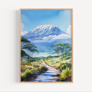 Mount Kilimanjaro Watercolor Painting, Tanzania Volcano Wall Art Poster or Canvas Print, Tanzania Africa Travel Gift, African Natural Wonder