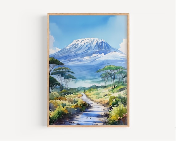 Mount Kilimanjaro Watercolor Painting, Tanzania Volcano Wall Art