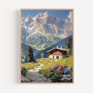 Dolomites Oil Painting, Dolomites Mountain Range Italy Wall Art Poster or Canvas Print, Oil Paint Style Italian Mountain Cabin Travel Gift
