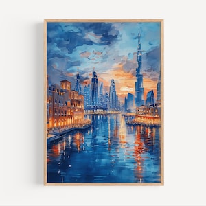 Dubai Waterfront Watercolor Painting, United Arab Emirates Middle East Poster Print or Canvas, UAE Travel Wall Art Arabian Architecture Gift