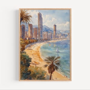 Pintura de acuarela de Benidorm, España, póster de viaje costero de ciudad española frente al mar, impresión o lienzo, arte de pared de playa oceánica, regalo artístico exuberante