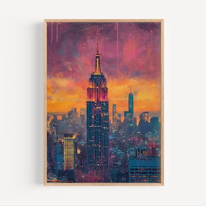 New York City Empire State Building Sunset Graffiti Style Painting, NYC Street Art Wall Art Poster Print or Canvas Travel Colorful Art Gift
