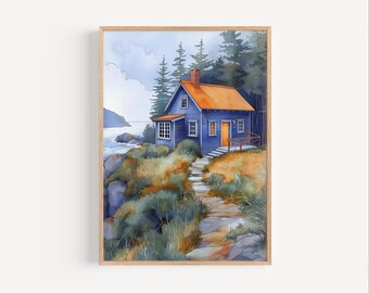 May include: Watercolor painting of a blue cottage with an orange roof, nestled on a cliffside overlooking the ocean. The artwork features a stone path, lush greenery, and tall evergreen trees, all framed in a wooden border.