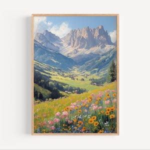 Dolomites Italy Wildflowers Oil Painting, Dolomites Mountain Range Wall Art Poster or Canvas Print Oil Paint Style Mountains Travel Gift