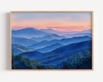 Blue Ridge Mountains Landschaft Sonnenuntergang Aquarell Malerei Druck, Appalachen Berge Poster oder Leinwand, Appalachia Natur Wand Kunst Geschenk