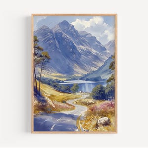 Puede incluir: Una pintura de acuarela de un camino sinuoso que conduce a través de un valle de montaña. El camino está rodeado de exuberantes árboles verdes y un lago azul. Las montañas en el fondo son de un azul profundo.