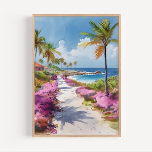 Aruba Watercolor Painting, Caribbean Island Country Travel Poster Print or Canvas Wall Art Gift Seaside Souvenir Flowers Pink and Blue Tones