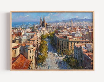 May include: A framed cityscape painting depicting a vibrant view of Barcelona. The artwork showcases buildings with red-tiled roofs, a wide avenue, and the Sagrada Familia cathedral. The sky is a bright blue, and the painting is in a wooden frame.
