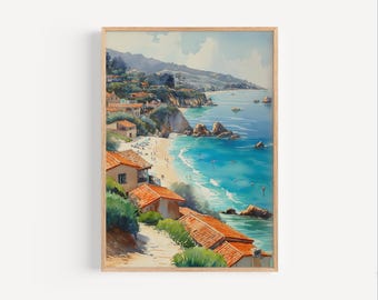 Laguna Beach Watercolor Painting, California Beach Town Wall Art Poster or Canvas Print USA Retro Style Cali Art, Laguna Beach Travel Gift