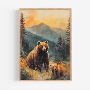 Bear and Bear Cub in Great Smoky Mountains Sunset Watercolor Painting Mountains Poster Print or Canvas Nature Artwork Wall Art Gift, Smokies