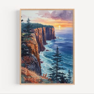 Otter Cliffs Maine Sunset Watercolor Painting, Acadia National Park Poster Print or Canvas Coastal Cliffs USA Travel Artwork Wall Art Gift