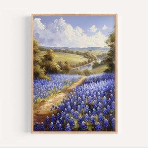 Texas Bluebonnets Oil Painting, Texas Wildflowers Scenic Nature Poster Print or Canvas American South Wall Art Gift, Flowers Oil Paint Style