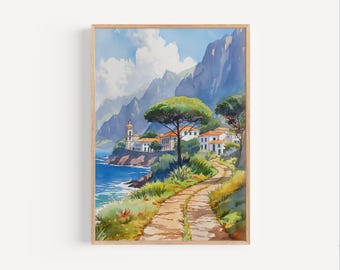 Madeira Portugal Watercolor Painting, Portugal Travel Poster Print or Canvas Portuguese Artwork, Wall Art Gift, European Souvenir, Art Gift