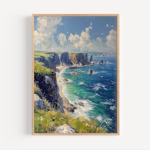 May include: A painting depicting a rugged coastline with a blue sea and a bright blue sky with white clouds. The cliffs are green and brown, and there is a small beach in the foreground.