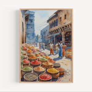 Indian Spice Bazar Watercolor Painting, India Market Poster or Canvas Print, India Wall Art Gift, India Street Market, Indian Street Vendors