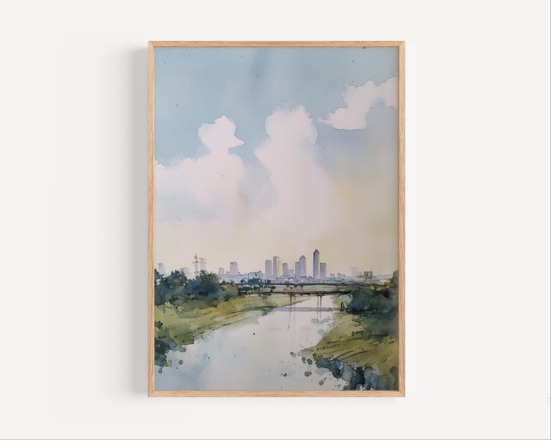 Dallas Texas Skyline Watercolor Painting Print, Dallas Cityscape Poster ...