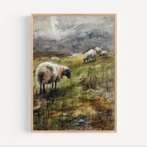 Sheep Grazing in Scottish Highlands Abstract Watercolor Painting, Scotland Travel Poster or Canvas Print Earth Tones Painting Wall Art Gift
