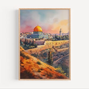 Jerusalem Sunset Watercolor Painting, Jerusalem Poster or Canvas Print, Jerusalem Wall Art Gift, Jerusalem Travel Art Dome of the Rock Print