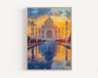 Taj Mahal India Watercolor Painting, Taj Mahal Poster or Canvas, Indian Taj Mahal Sunset Wall Decor Gift, Indian World Wonder, Agra India