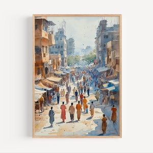 Faisalabad Pakistan Watercolor Painting, Pakistan Bustling Busy City Street Poster Print or Canvas Travel Wall Art Gift South Asia Cityscape