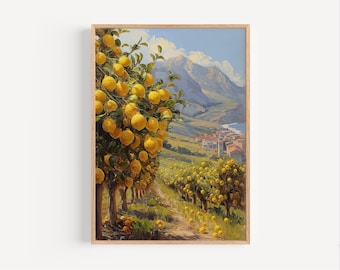 Lemon Trees in Sicily Oil Painting, Mediterranean Island Lemons Painting Travel Poster or Canvas Print, Italy Wall Art Gift, Oil Paint Style